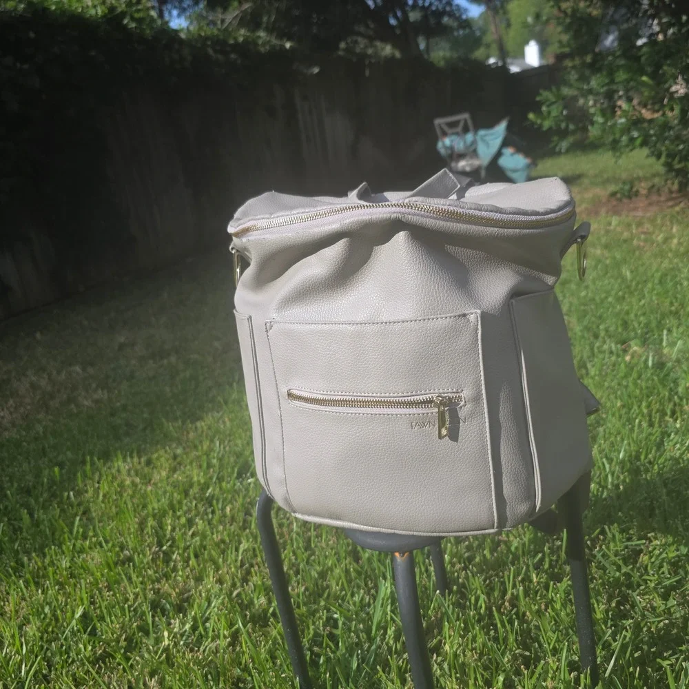 Fawn Design Original Diaper Bag Gray Vegan Leather Backpack Gold Hardware